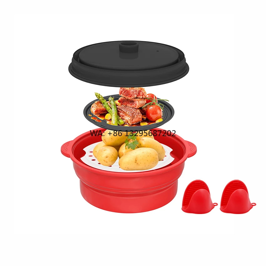 

2pieces Microwave Steamer Cooker 2 In 1 Grill Pan Collapsible Silicone Skillet With Lid For Grill Boil Steam Baking Dishes Pans