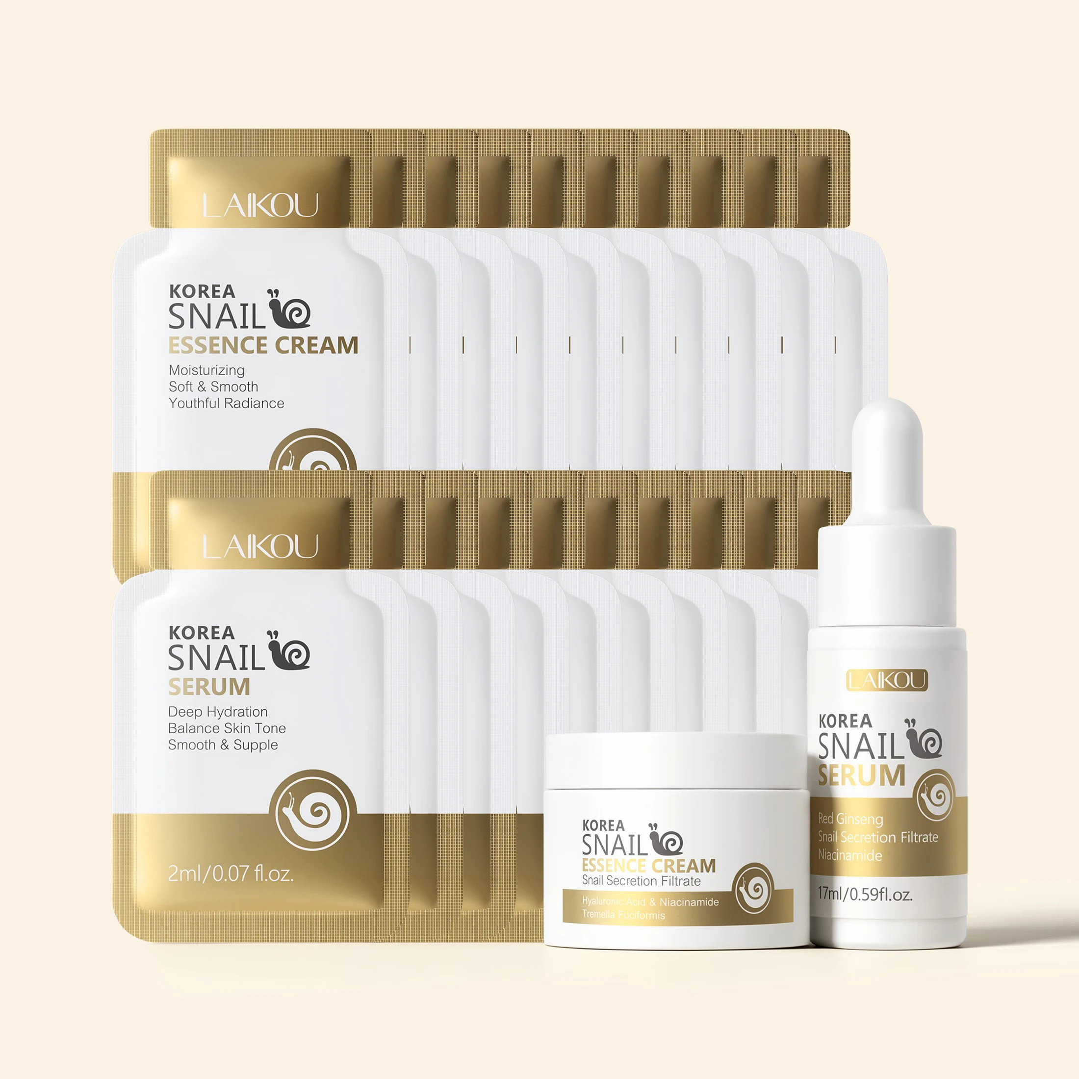 LAIKOU Snail Skincare Combo,Snail Serum & Cream Sachet + Full‑size Serum 17ml & Cream 25g,Moisturizing Repair Facial Skin Care