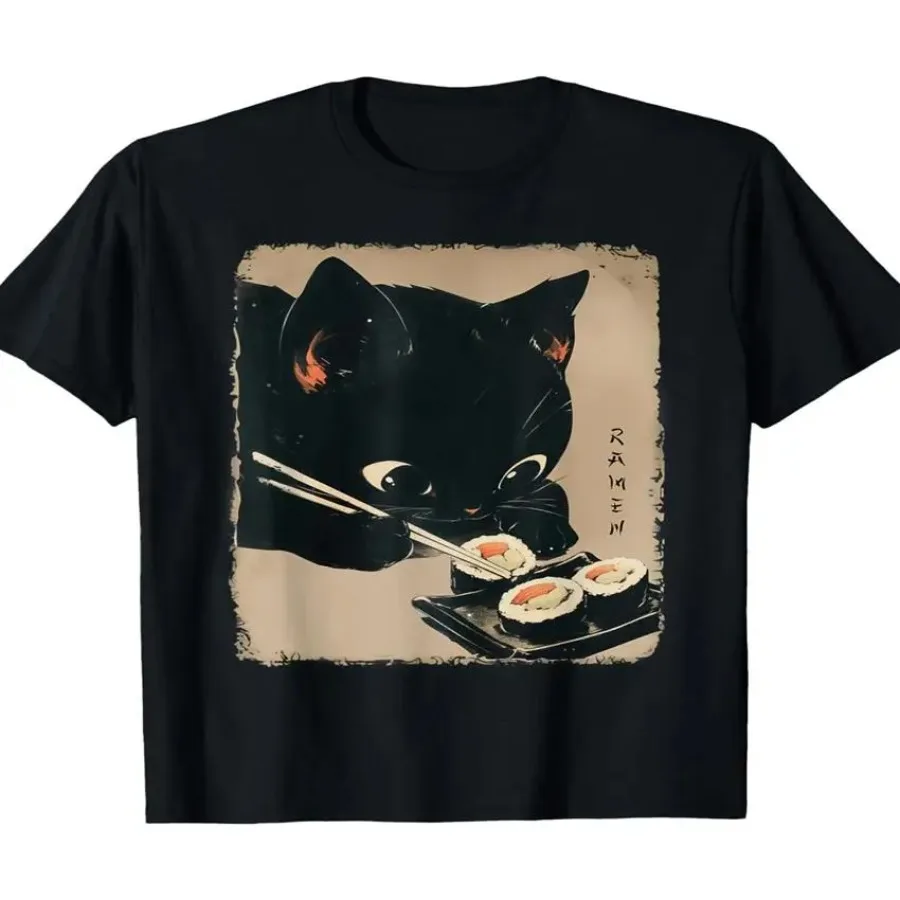 Camiseta Kawaii de Anime Japonés con Gato Comiendo Sushi - 100% Algodón, Manga Corta, Cuello Redondo, Estilo Casual con Diseño de Sushi Tipo Mochi