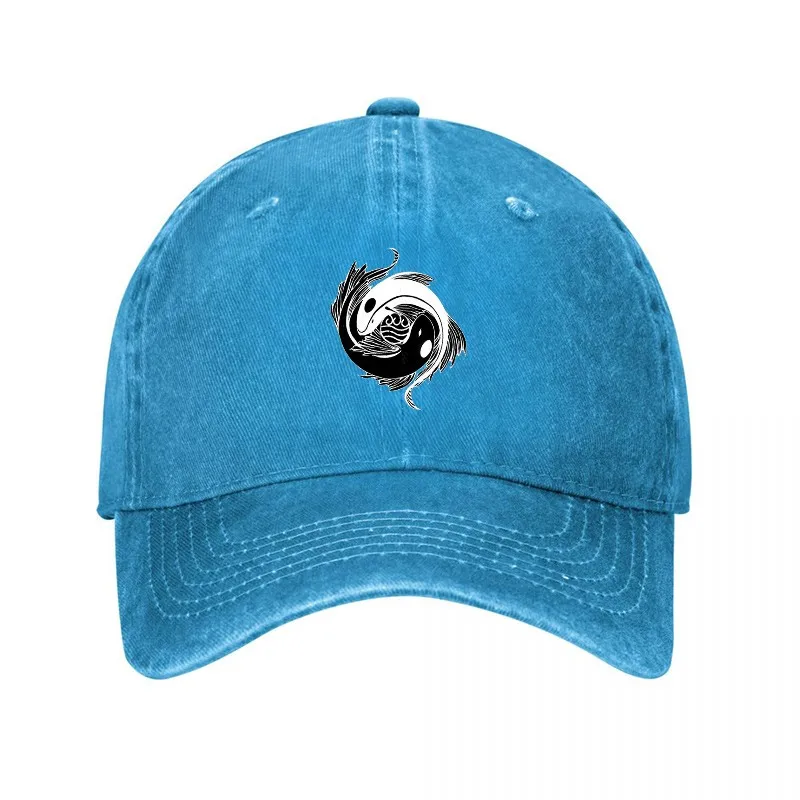 Yin Yang Koi Fish Print Washed Canvas Baseball Cap Unisex Vintage Streetwear Adjustable Hat
