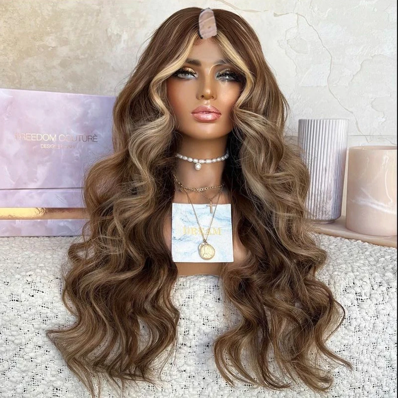 

Ombre Loose Wavy Golden Brown Hightlight Human Hair 1x4 Opening U Part Wigs Adjustable 180% Density V Part Wigs Full Thick End