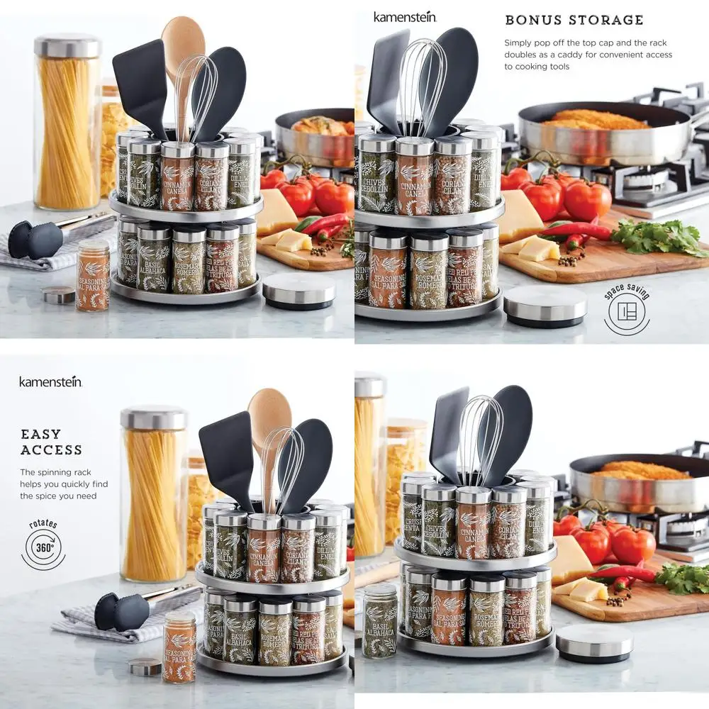 

20-Jar Stainless Steel Revolving Spice Organizer with Brushed Steel Tool Holder