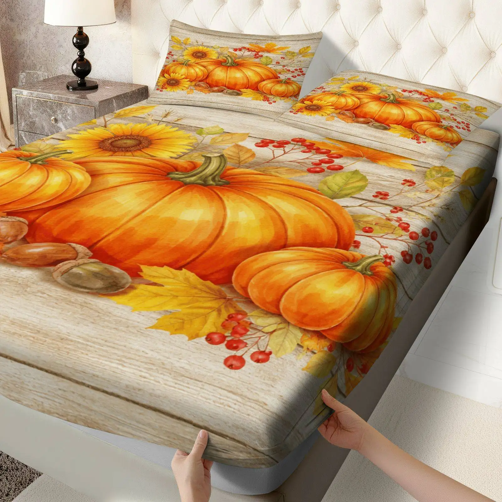Pumpkin Sunflower Autumn Bedding Set Thanksgiving Theme, Bedding Three-Piece Set (Includes 1 Fitted Sheet + 2 Pillowcases) 3-Piece Set, Large Capacity Deep Pocket 2D Printed Fitted Sheet and 2 Pillowcases, Mattress Protector, Fitted Elastic Style, Protective Cover, Mattress Protector, Suitable for All Seasons, Machine Washable Design, Holiday Decoration, Various Sizes, Breathable Protective Cover with Pillowcases
