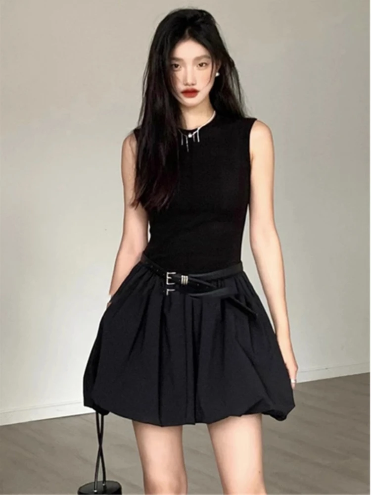 Vintage Mini Dress Women Sexy Backless Pleated Dresses Elegant Summer 2024 Sleeveless Dress Korea Fashion Street Lady Robe Beach