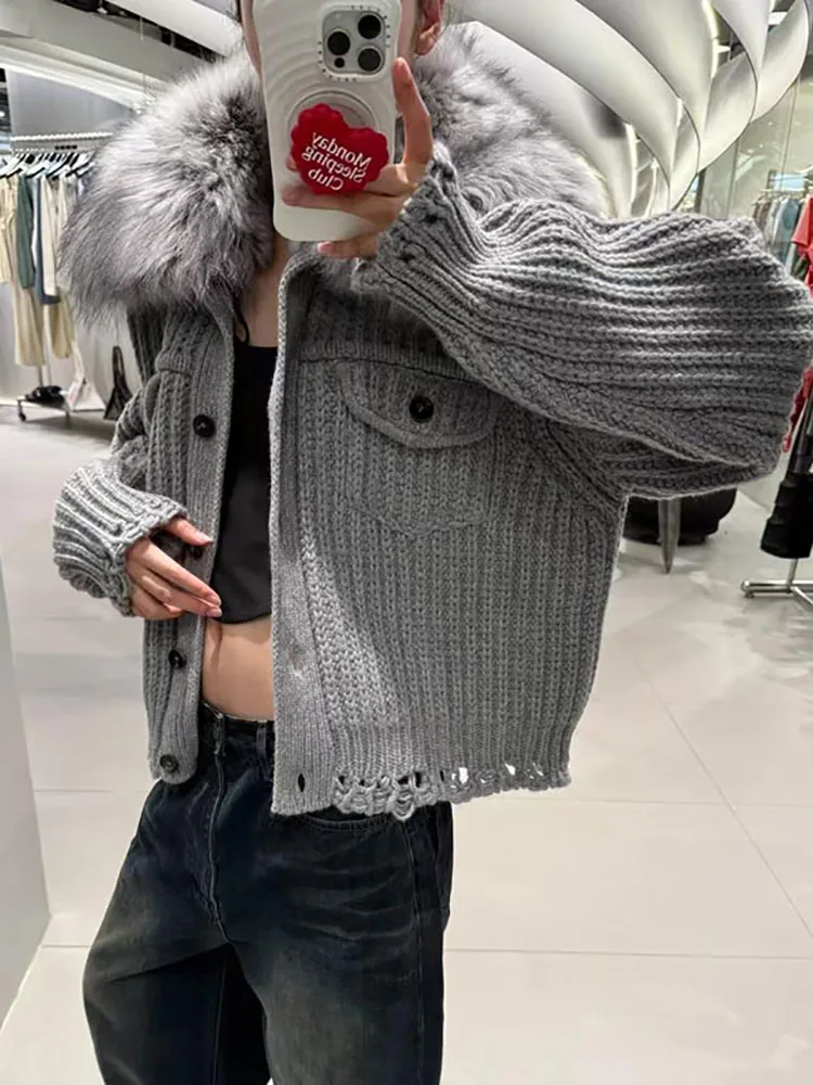

Серый вязаный кардиган с шерстяным воротником в стиле ретро для поездок на осень и зиму 2025 года, универсальное и модное пальто.