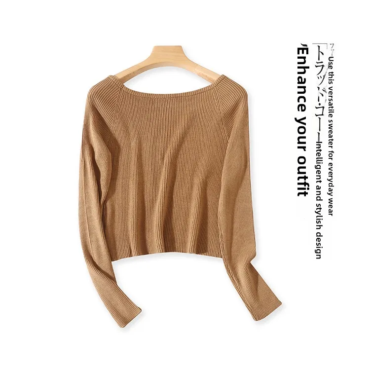 

Облегающий вязаный свитер с длинным рукавом, модный, с одним открытым плечом, эластичный, базовая кофта в корейском стиле для повседневной носки
