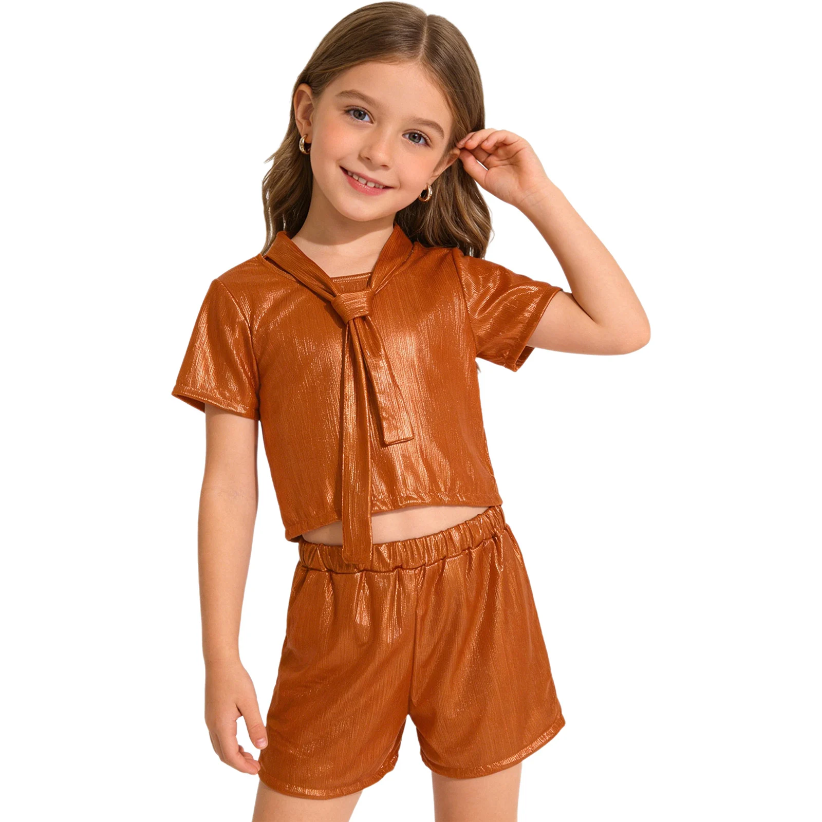 Kids Girls Jazz Hip Hop Dance Outfit Metallic Short-sleeve Necktie T-shirt with Shorts for Cheerleading Chorus Stage Performance
