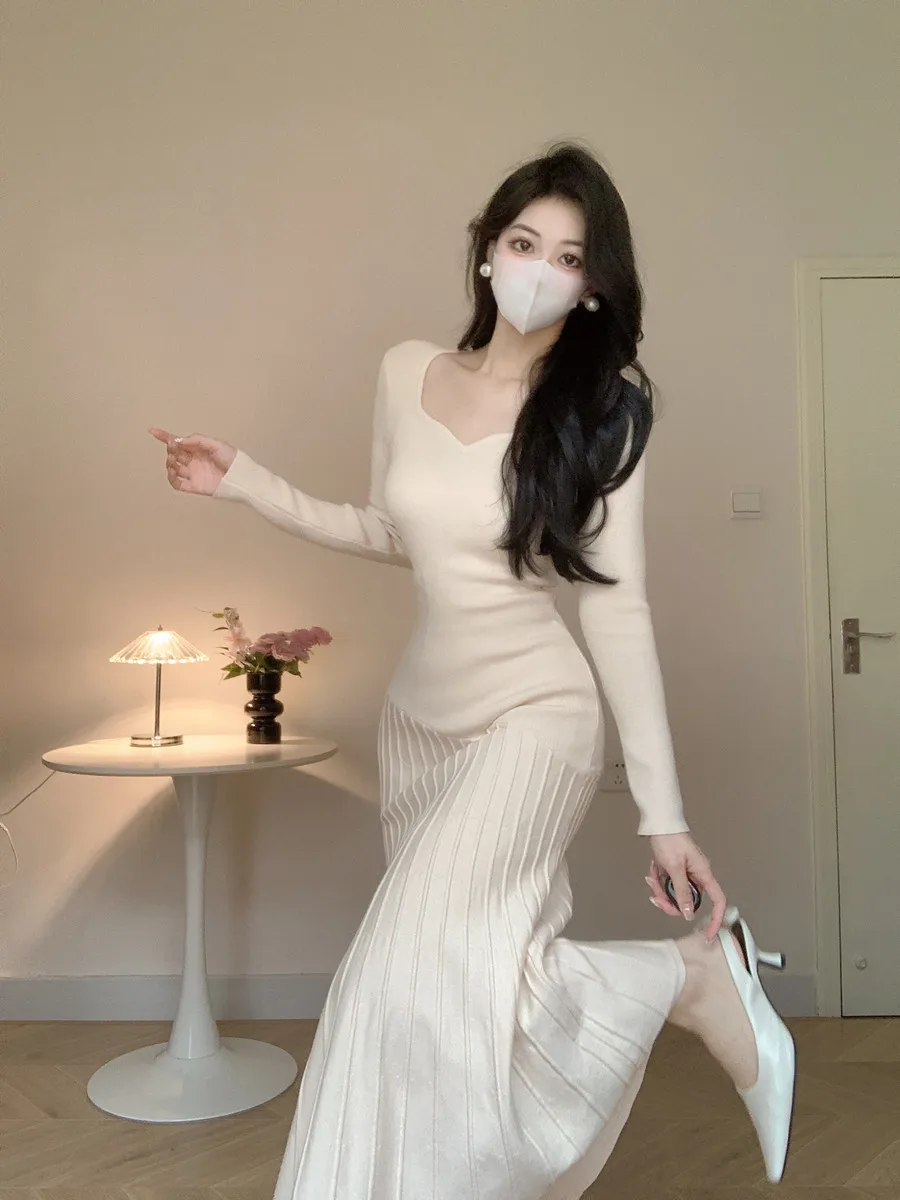 

Amy's Store Quali Knitted Autumn Winter Long Sve Soft Toned Apricot Dr Sweater Long Dr Women's Sle Commute Korean