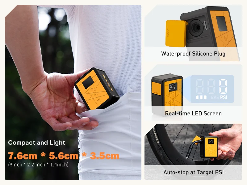 Airbank Pocket 3 Wasserdichte Fahrradreifenpumpe 120PSI LED-Druckanzeige 600mAh Wiederaufladbarer Luftkompressor – Detail 4