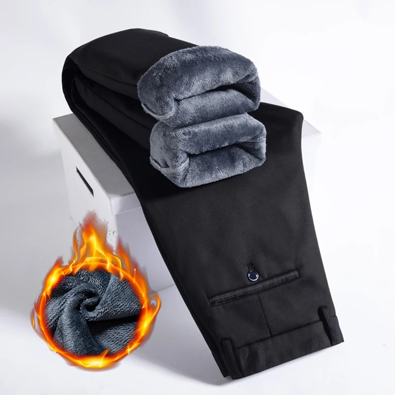 Pantalones informales gruesos de lana para hombre, pantalones rectos de negocios a la moda, pantalones de marca de lana, pantalones holgados y cálidos de felpa para hombre 29-42