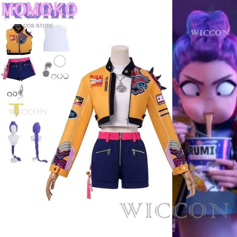 زيزي 2025 KPop شيطان الصيادين فيلم رومي تأثيري الشعر الأرجواني الطويل سترة برتقالية وسروال قصير رائع زي مع ملون