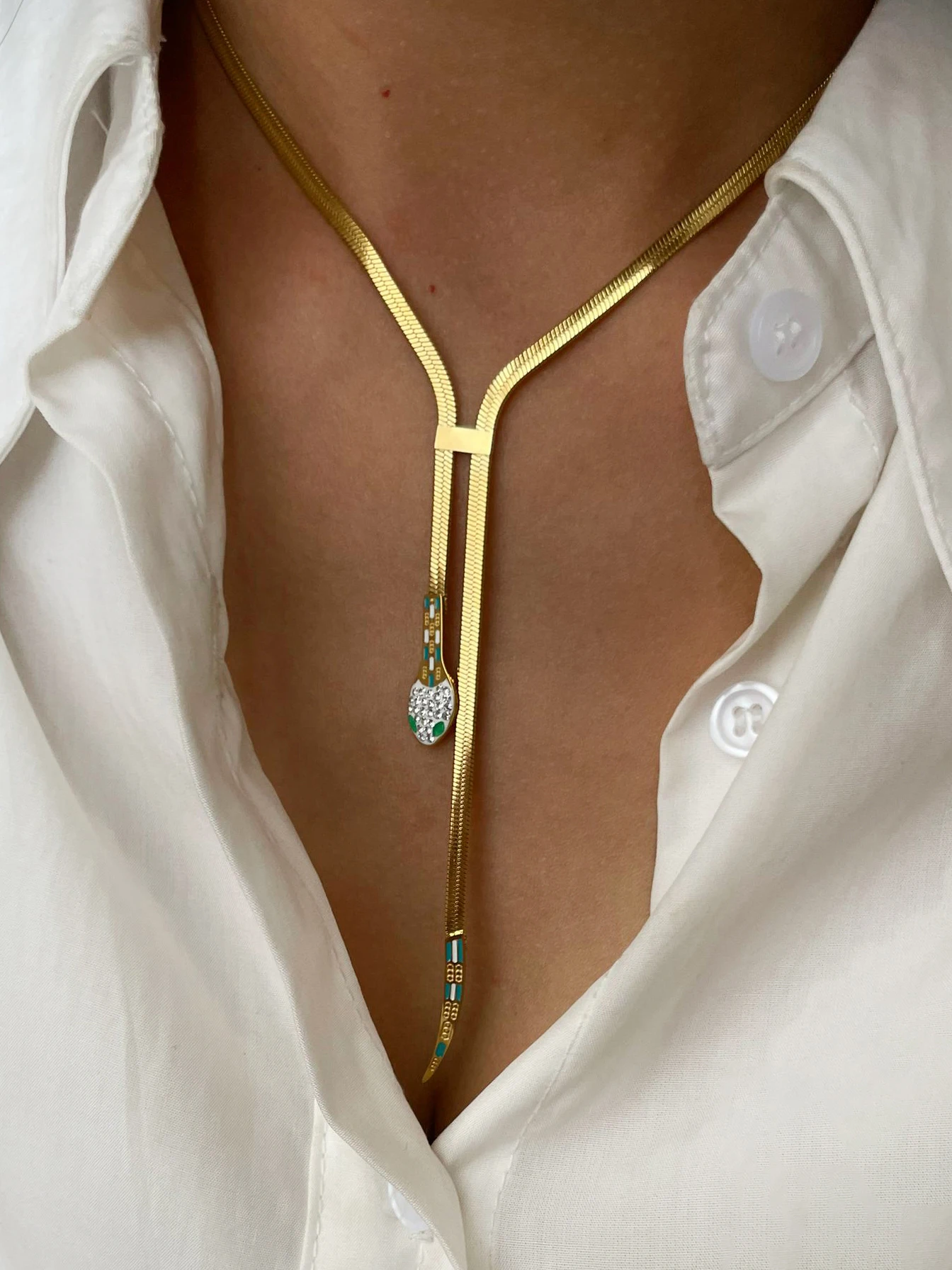 Peri'sbox Dainty Clear Rhinestone Solid Gold Plated Flat Snake Chain Tassel Necklace Stainless Steel Wodoodporna biżuteria damska