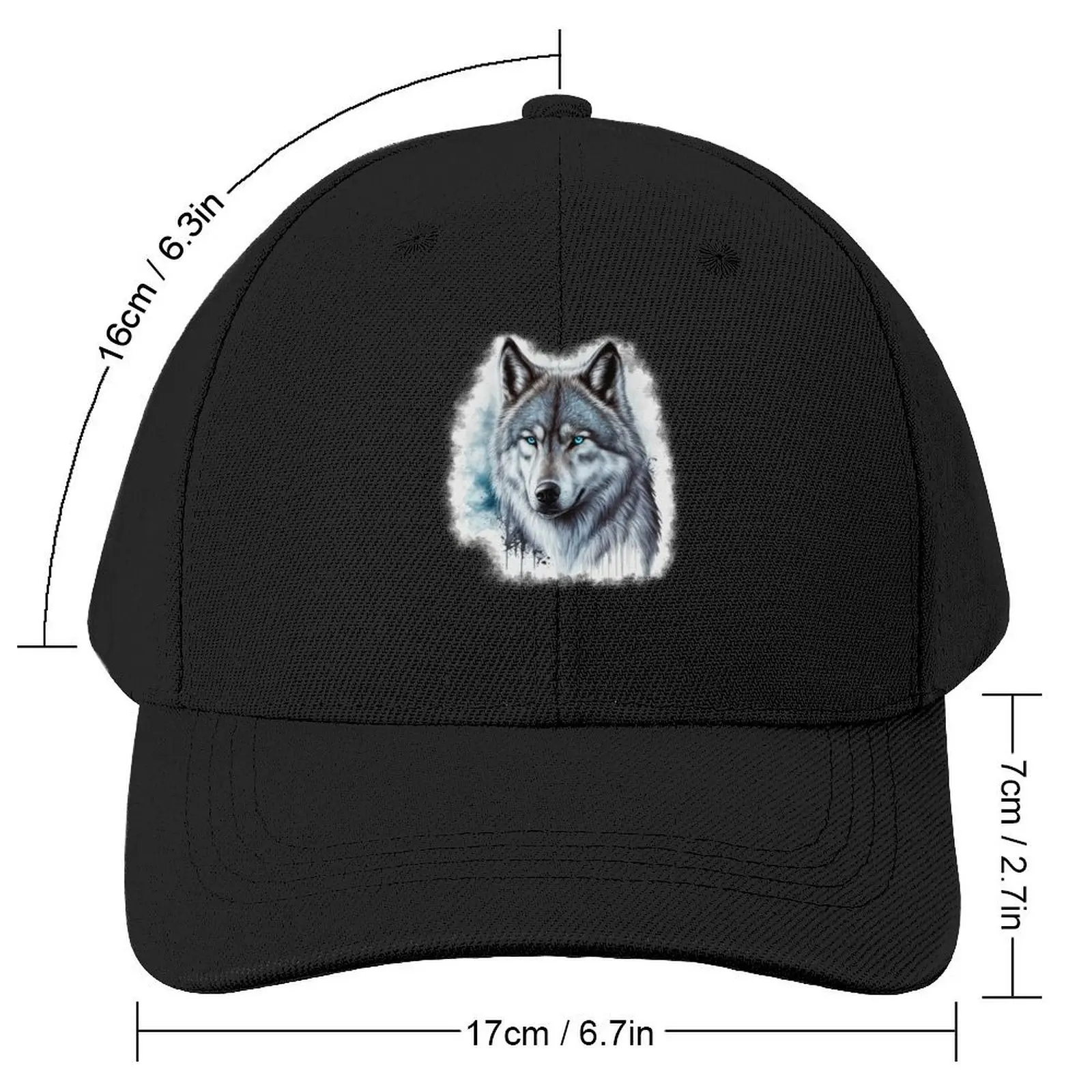 Blue Eyed Wolf painting with splatter paint and abstract background Baseball Cap Beach Outing sun hat Ladies Men's