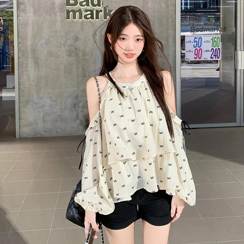 

Нежный круглый топ с открытыми плечами для женщин, молодежный, свободный, с принтом в виде узлов, с длинными рукавами, из французского хлопка, для ранней весны