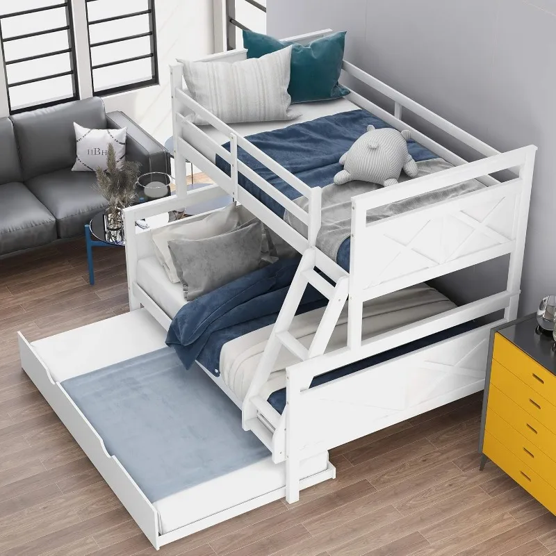 

Bunk Bed, Twin Over Full Wood Bunk Bed with Twin Size Trundle, Solid Wood Bunk Bed Frame with Guardrail and Ladder, White