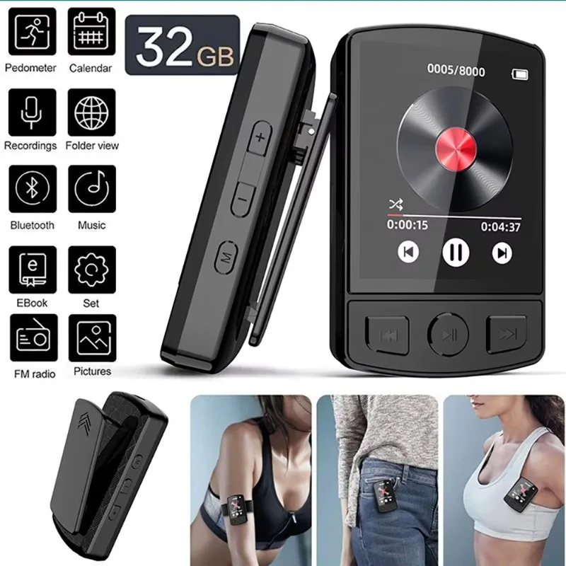 1.8 Inch Screen MP3 Player Portable Sport Clip Walkman HiFi Sound Bluetooth-Compatible 5.0 Student Walkman with FM Radio E-Book