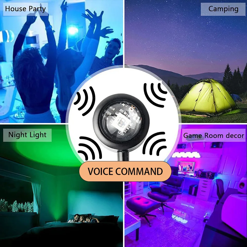1x Voice Command USB Sunset Lamp LED Rainbow Neon Night Light Projector Atmosphere Lighting for Home Room Decor Festival Gift 5V