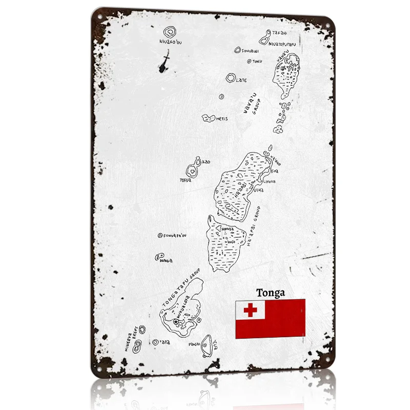 Handdrawn Tonga Map Metal Poster Tin Sign Wall Art Gaming Room Decoration Garage Customizable Metal Signs for Home Decoration