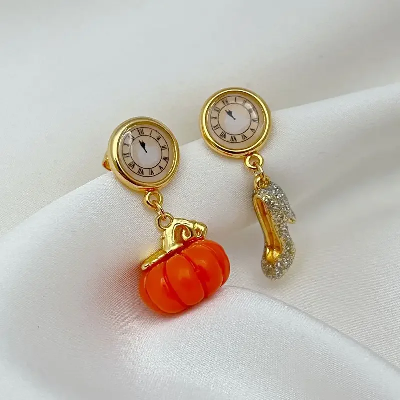 

KS European and American Fashion Trends Versatile Niche Clock Pumpkin Crystal Shoes Women's Asymmetrical Earrings