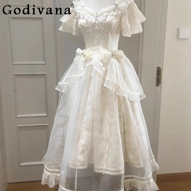 Summer Japanese Lolita Princess Dress Women Waist Cinching Heavy Craft Slimming Dress Female New Birthday Party Long Dress
