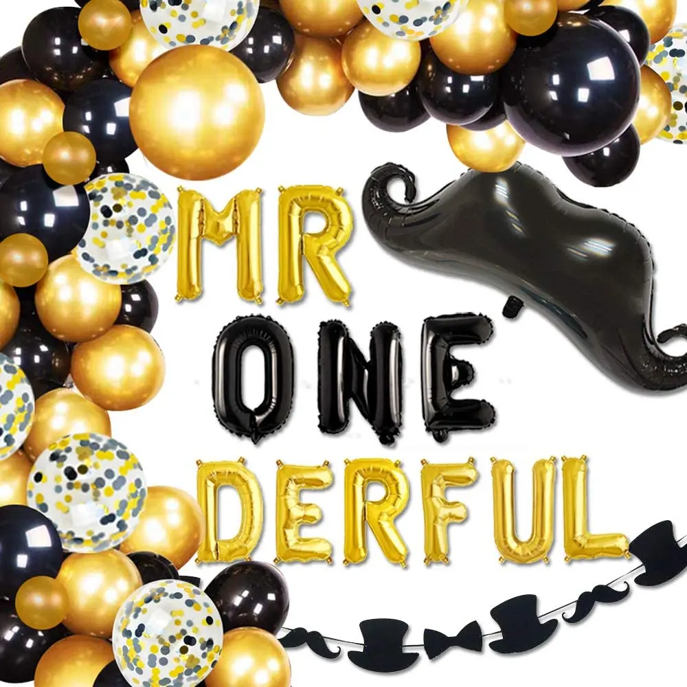 

Mr Onederful 1st Birthday Decorations Black Gold Confetti Balloons for Baby Boy Little Man Bow Tie First Birthday Party Supplies