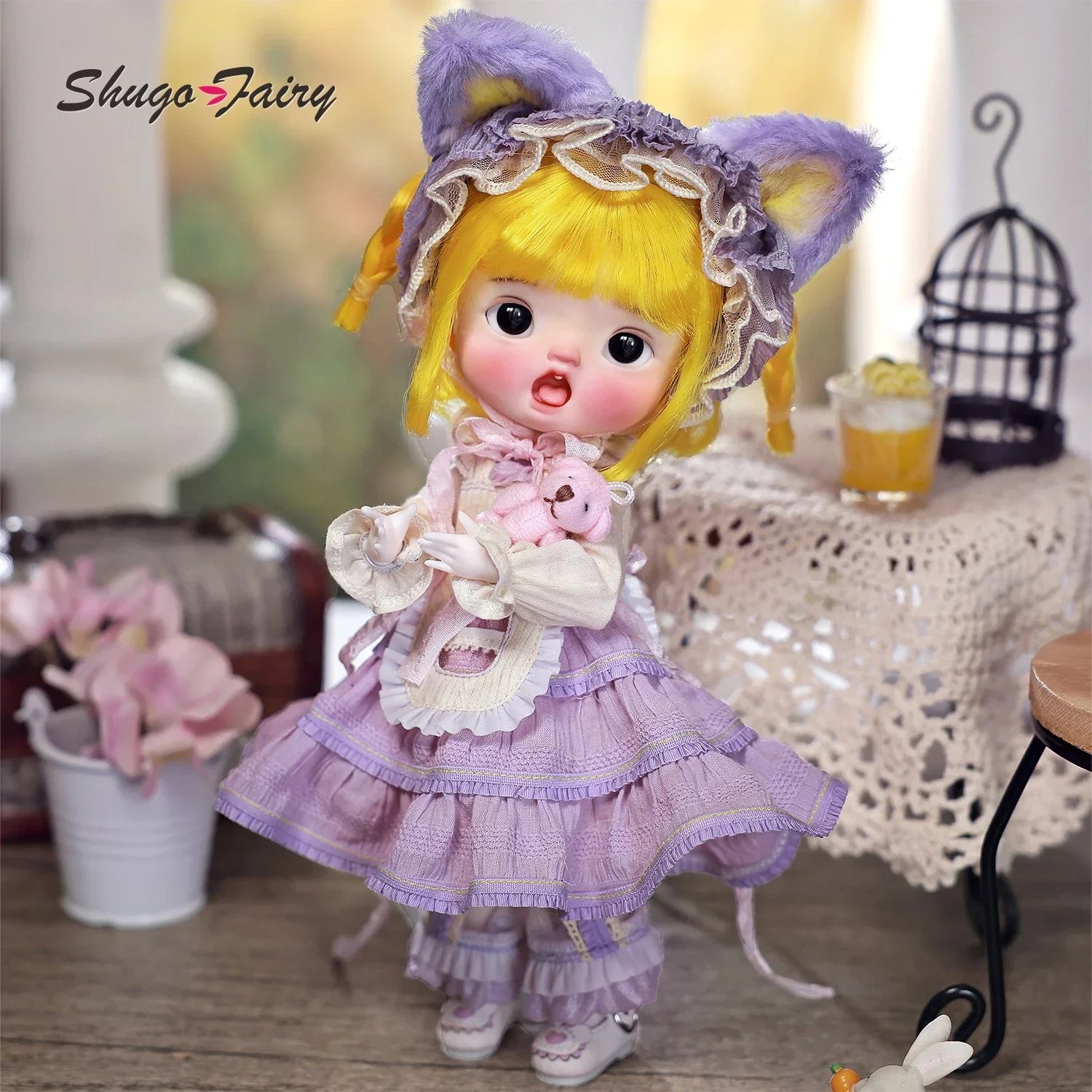 Melon B 1/6 Bjd Dolls Omelet Body Big Head Purple Vintage Dress Bjd Animal Headdress Resin Fullset ShugaFairy Doll