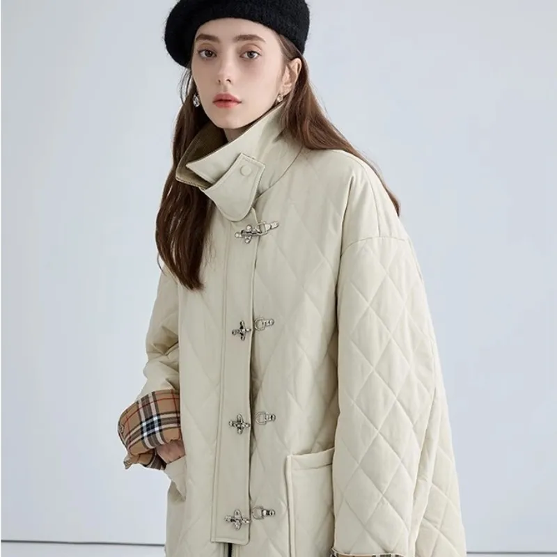 Square Collar Aircraft Button Cotton Jacket For Women In 2023 Winter Design, With A Patchwork Diamond Checkered Cotton Jacket