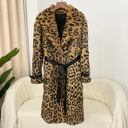 Rabbit Fur Coat Over Knee Whole Leather Imported Women Fashion Leopard Print Coat Thickened Warm Fur Integrated Autumn Winter