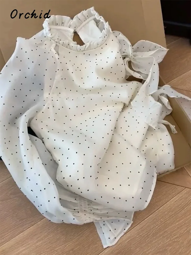 2025 Spring Elegant 3D Floral Round Neck Long Sleeve Shirt Women Causal Chic Soft Blouses Single Breasted Dots Print Tees Top