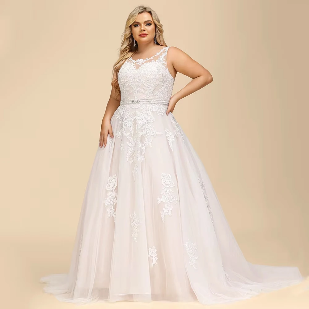 Customized New Arrival Wedding Dress Plus Size Sleeveless Beading Belt Illusion Back Zipper Buttons Applique A Line Bridal Gown