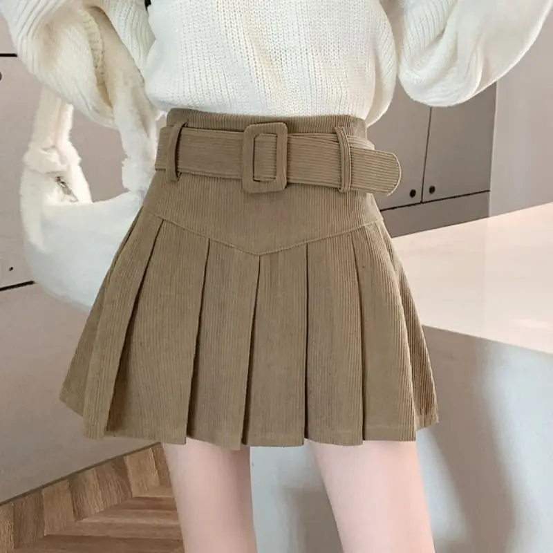 Fashion Zipper Solid Color Sashes Casual Corduroy Mini Skirts Female Clothing 2024 Spring New Loose Korean Pleated Skirts