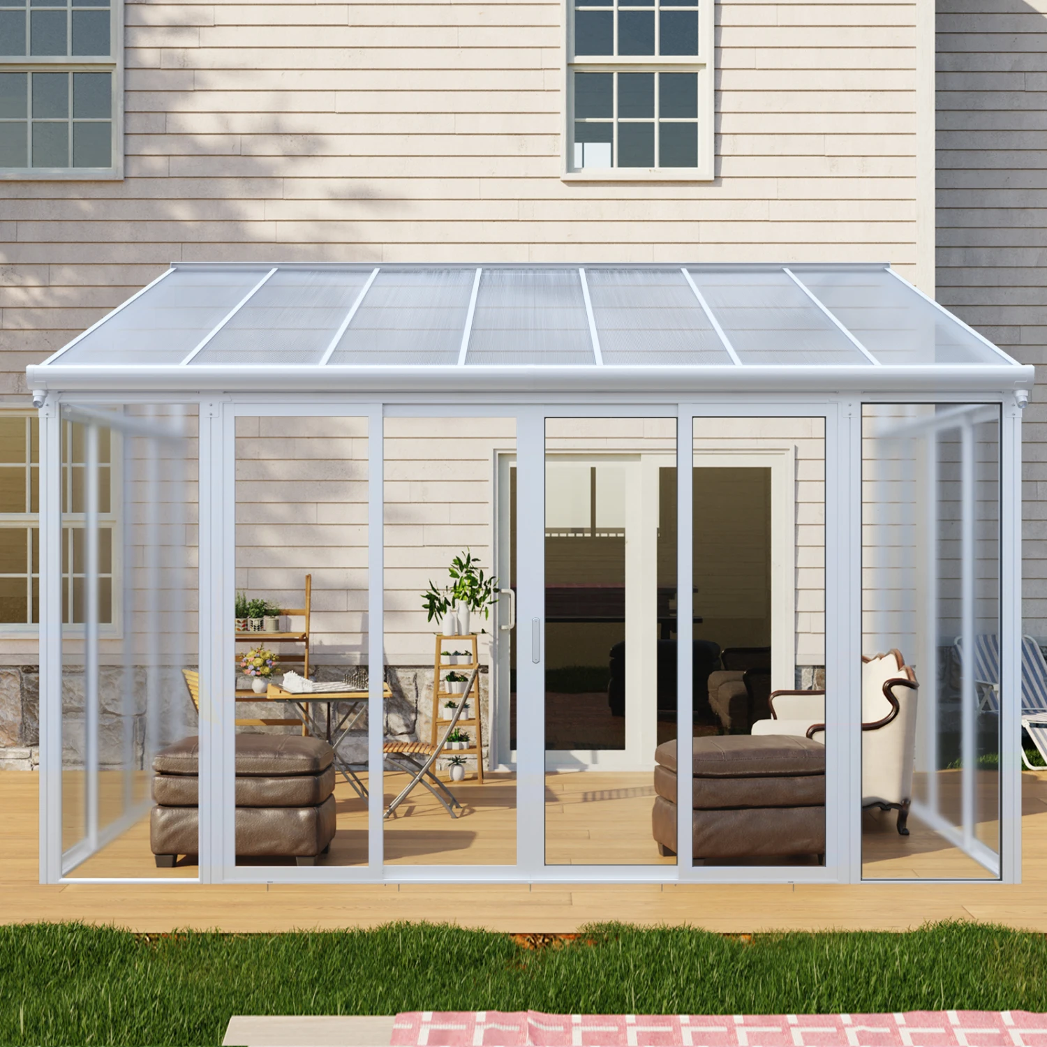 10×14 ft Enclosed Patio Cover with 3 Lockable Sliding Doors, All Season Sunroom with aluminum alloy frame ,Polycarbonate Roof a