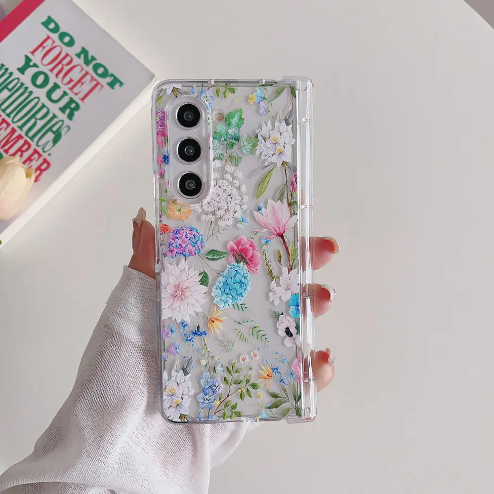 Cute Floral Flower Print Clear Phone Case For Samsung Galaxy Z Fold 8 7 Transparent Hinge‑Protected Folding Cover Lanyard Shell
