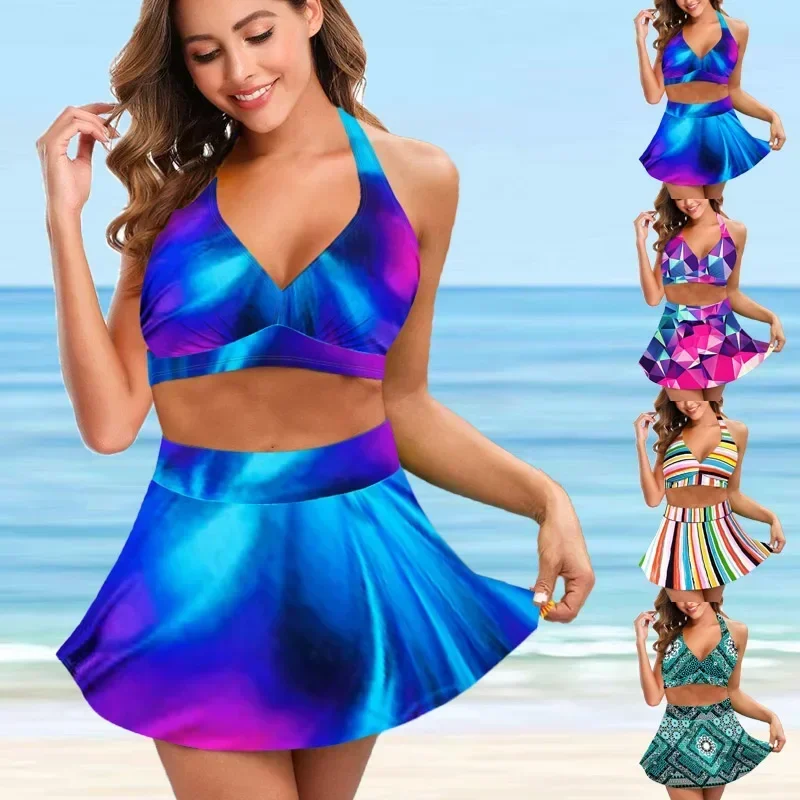 New Summer Ladies Holiday Resort Style Swimsuit Fashion Design Sense Deep Purple Gradient Printing Top Skirt Two-piece Set S-5XL