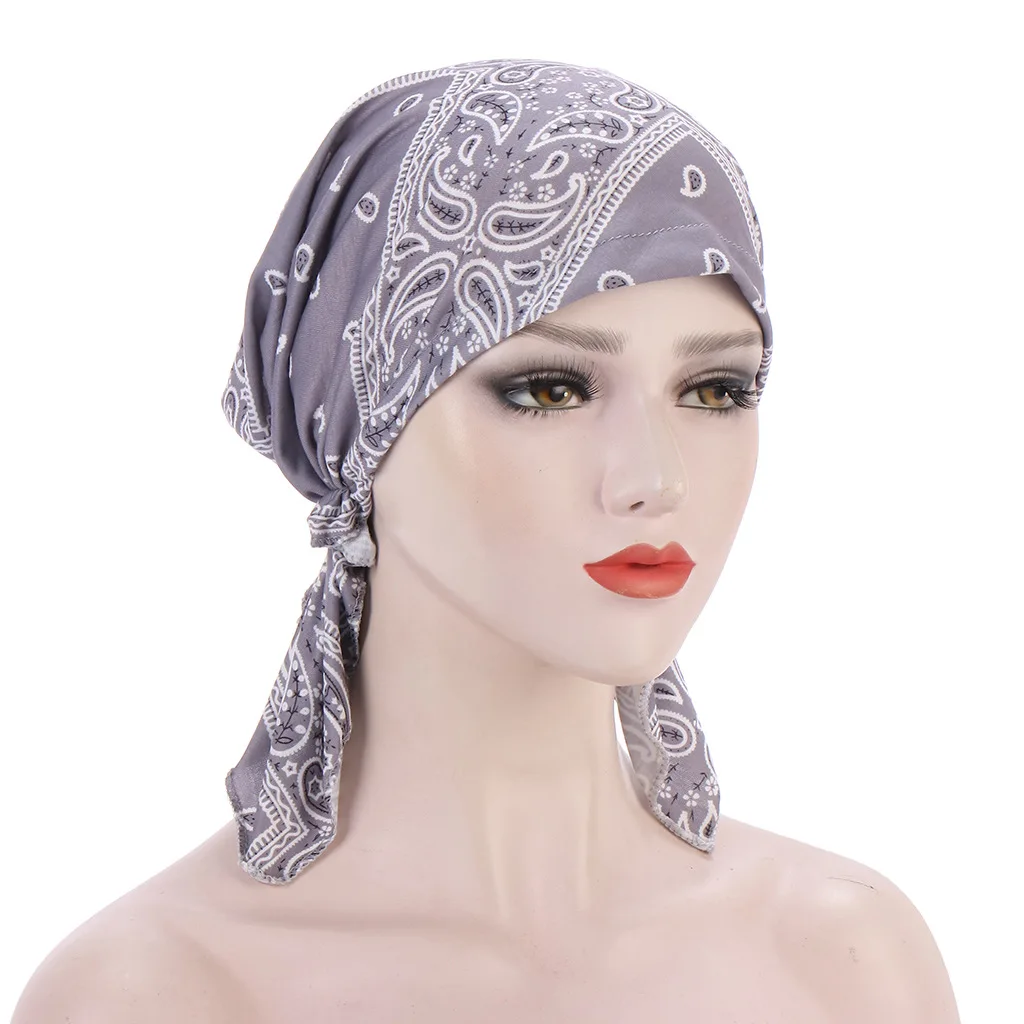 Trendy Flower Paisley Print Turban Hats Boho Long Tail Head Wraps Elastic Hijab Hats Breathable Chemo Cap For Women Girls