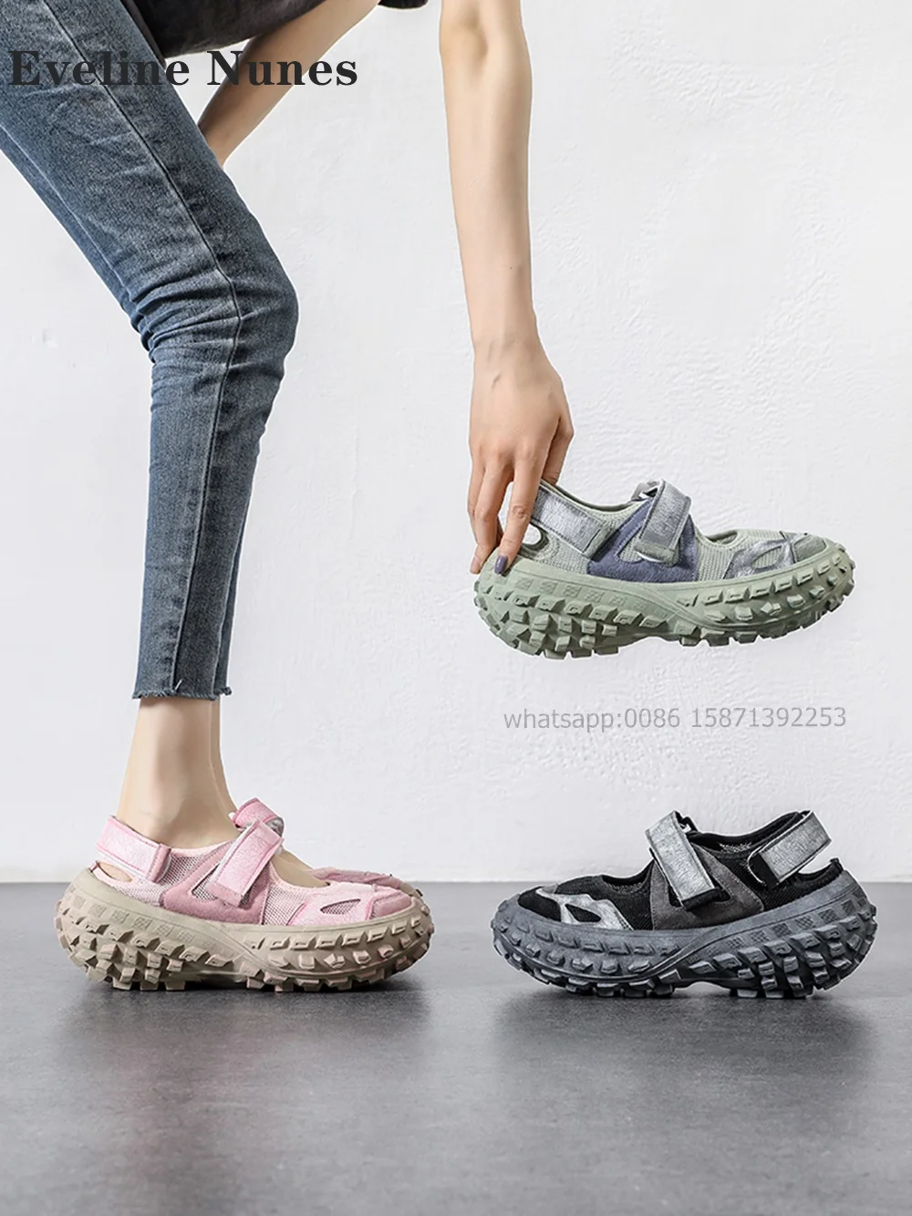 Hook and Loop Mesh Pumps Round Toe Height Increasing Hollow Out Patchwork Sandals Mixed Colors Casual Women Sneakers 2024 Trend