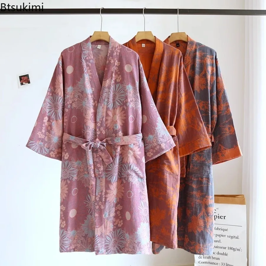2026 Couple's Printed Cotton Loose Fitting Bathrobe Tie Up Kimono Bathrobe Sweat Steaming Cotton Pajamas Robes for Women and Men