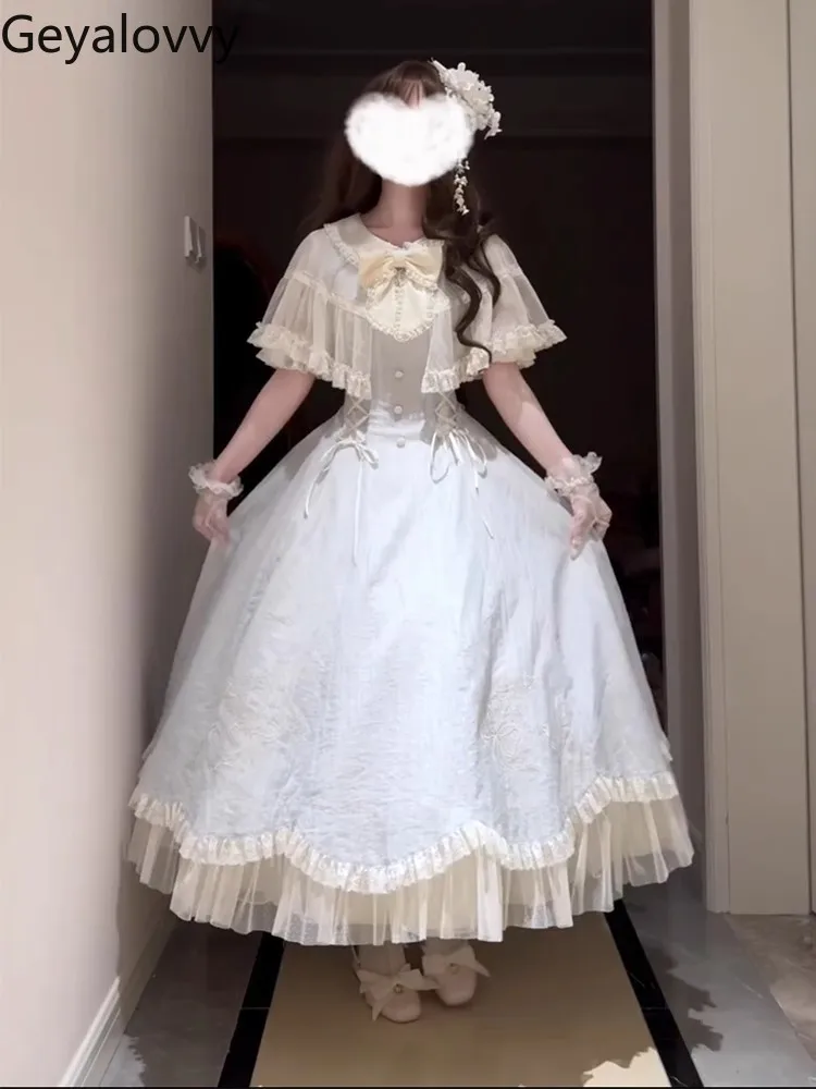 

Summer New Japanese Lolita Heavy Industry Bow Princess Dress Fairy Sweet High Waist Bow Short Sleeve Birthday Party Dresses