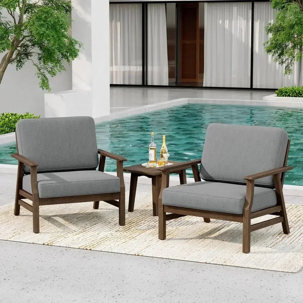 3-Piece Outdoor Bistro Set with Weather-Resistant Wood Chairs and Side Table, Gray