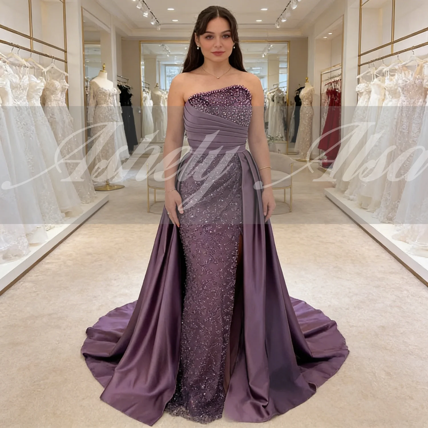 

luxury Purple Evening Gown Strapless Beaded Mermaid High Split Wedding Guest Party Dress Formal Occasion Wear Vestido Customized