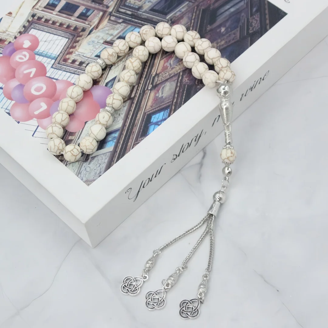 Flower Turquoise 10mm, 33-bead Prayer Mala, Smooth Round Bead Handheld Mala for Personal Prayer and Chanting