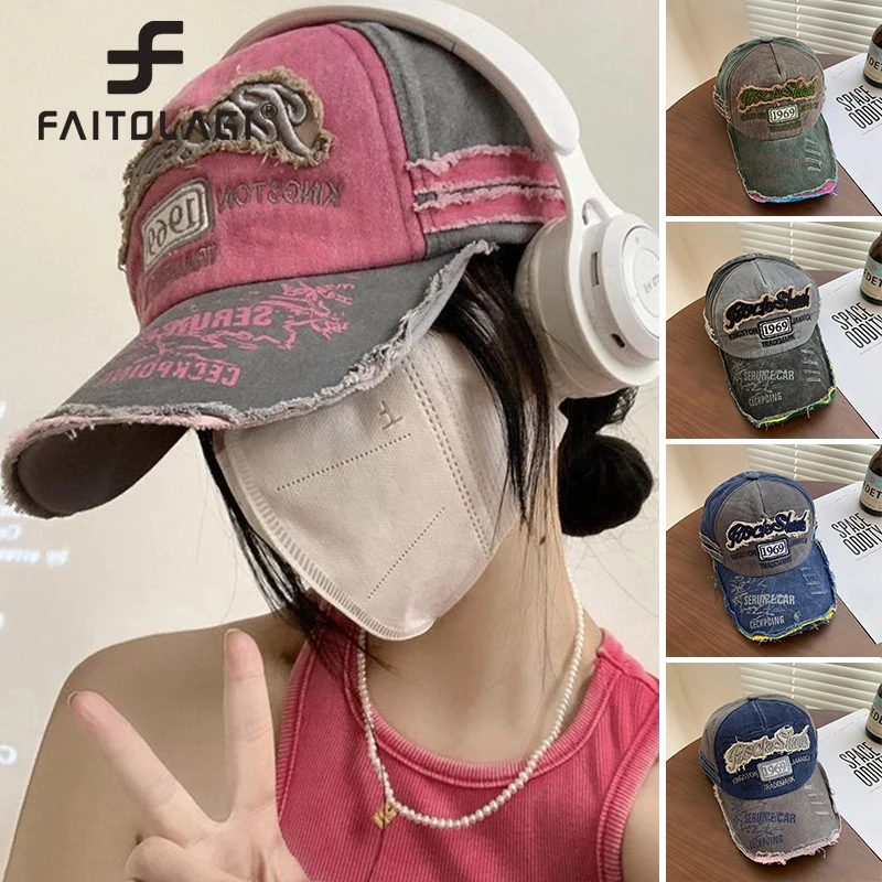 Pink Baseball Hat Korean Y2K Girl Peaked Cap Hip Hop Holes Letter Duck Tongue Cap Women Long Brim Visors Cotton Casual Bonnet