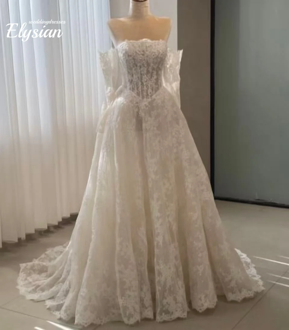 Customized Boho Lace Wedding Dresses A Line OffShoulder Bride Gowns Long Sleeve Backless Formal Tulle Vestidos De Novia