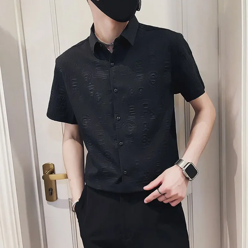 

Mens Summer Embossed Short Sleeve Shirt Slim Fit Wrinkle Resistant Casual Business Tops
