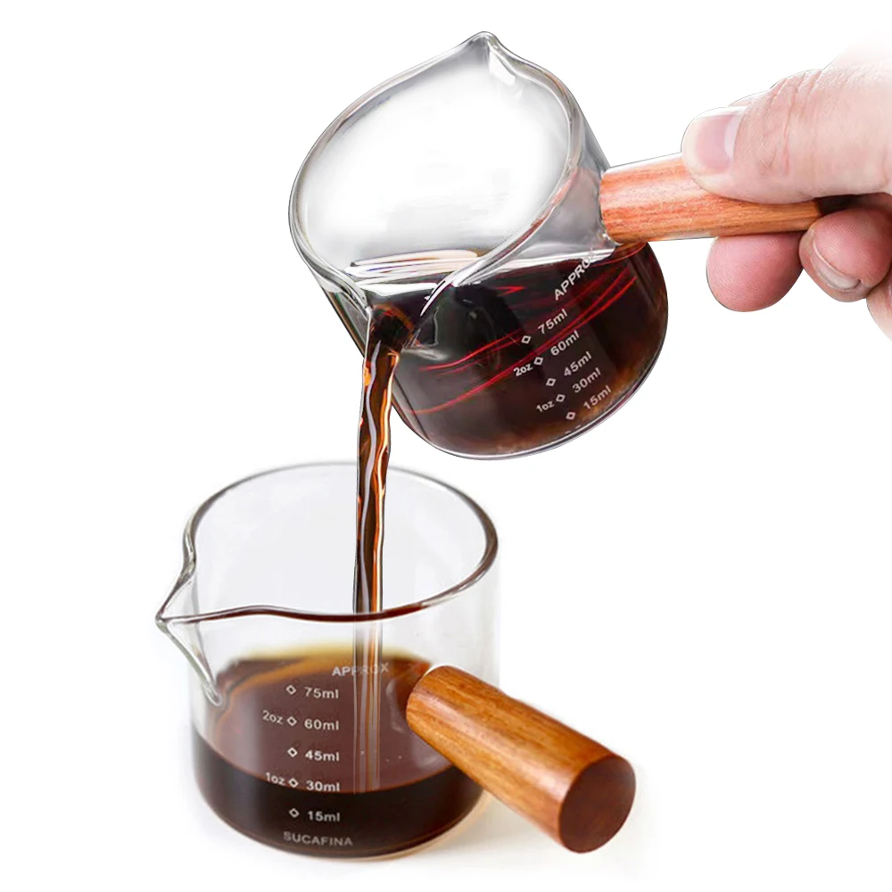 

Wooden Handled Glass Coffee Measuring Cup Double / Single Spout Milk Jug Kitchen Sauce Transparent Heat-resistant Measuring Cup