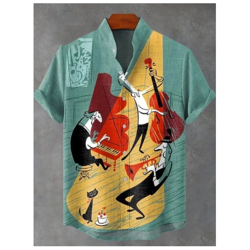 2025 남성 첼로 악기 테마 반팔 셔츠 여름 레트로 뉴 린넨 남성 반팔 탑 레저 휴가 스트리트웨어