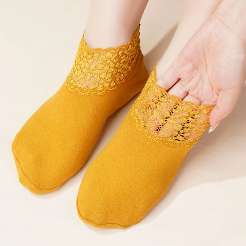 Chaussettes thermiques décontractées en dentelle à tube bas pour femmes, chaussettes optiques, chaussettes de sol à la maison, pantoufles monochromes en velours chaud, chaussettes respirantes anti-brûlure, 3 paires