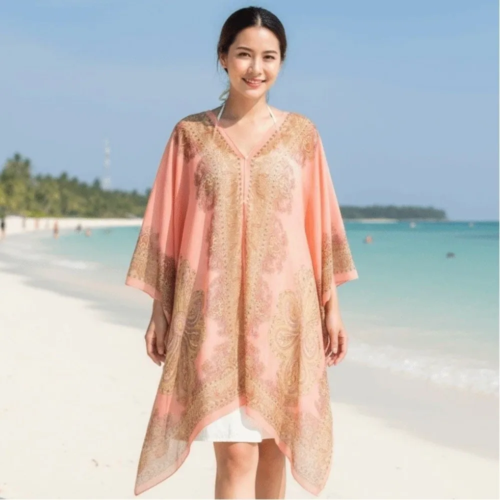 

Breathable Big Printed Flower Shawl with Buckle Polyester Sunscreen Thin Large Scarf Lightweight Long Seaside Vacation Cloak