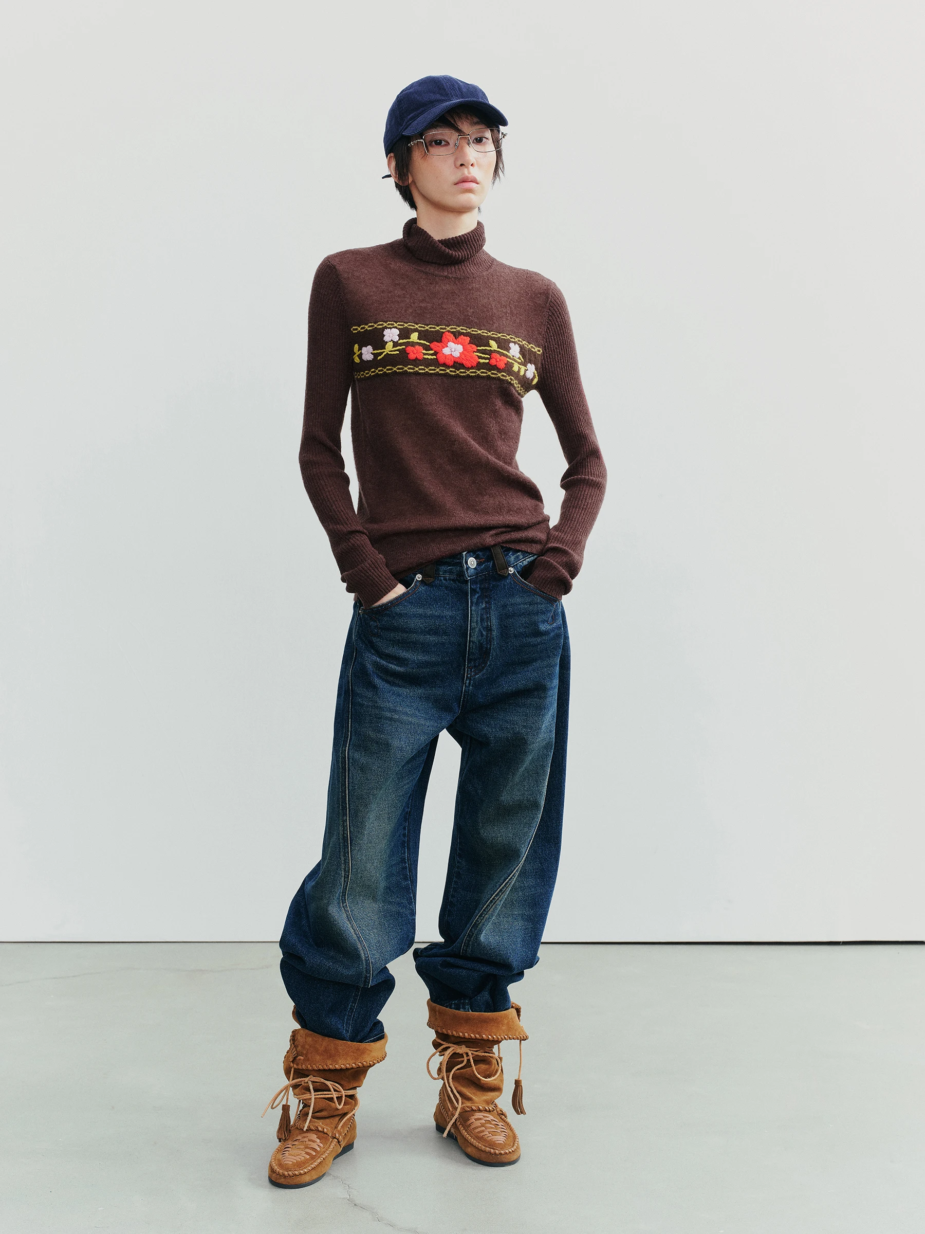 VERMO Winter Pure White Heavy Embroidery Alpaca Wool Base Layer Overhead Sweater Women's Faion Knitted High Collar Long Sve