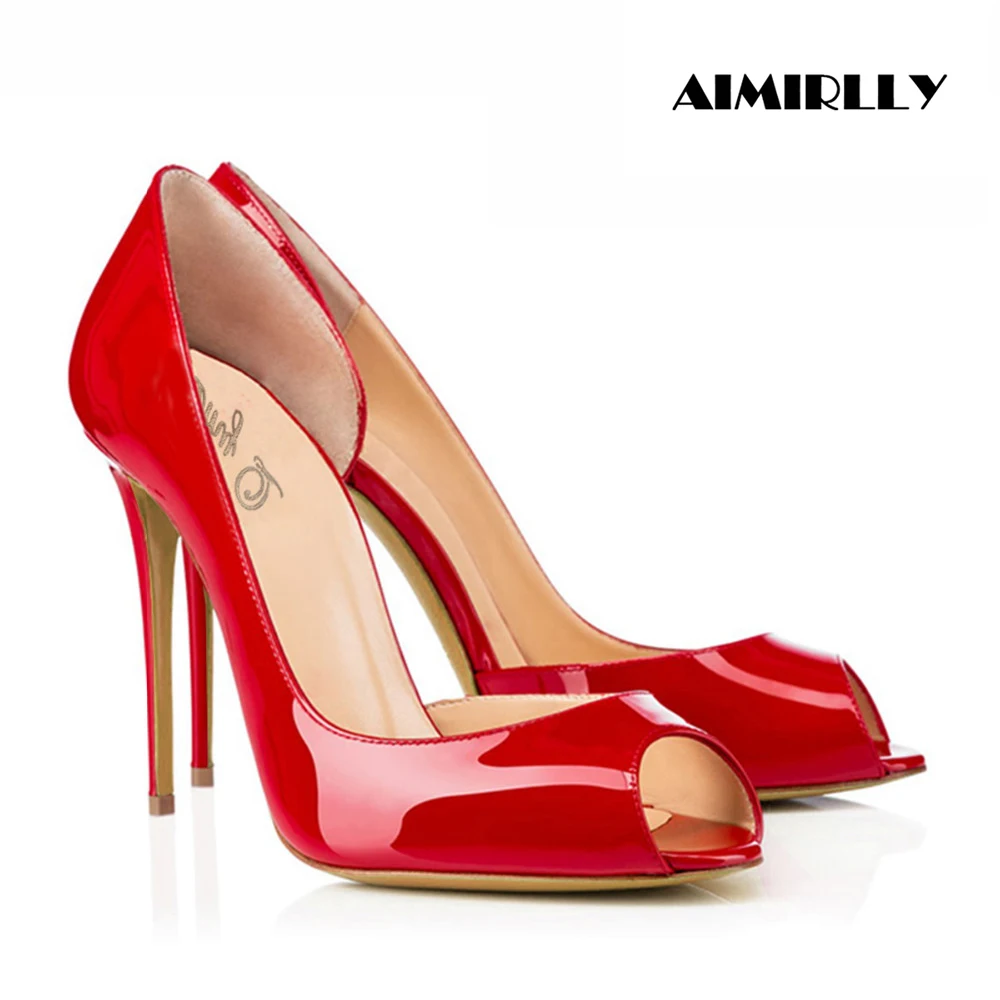 

Elegant Women's Shoes Peep Toe High Heels Pumps & Stilettos Female Evening Shoe Patent leather Nude Red Black Support Customized